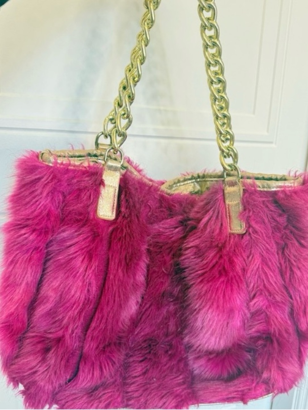 Betsey Johnson Hot Pink Faux Fur Shoulder Bag with Gold Chain